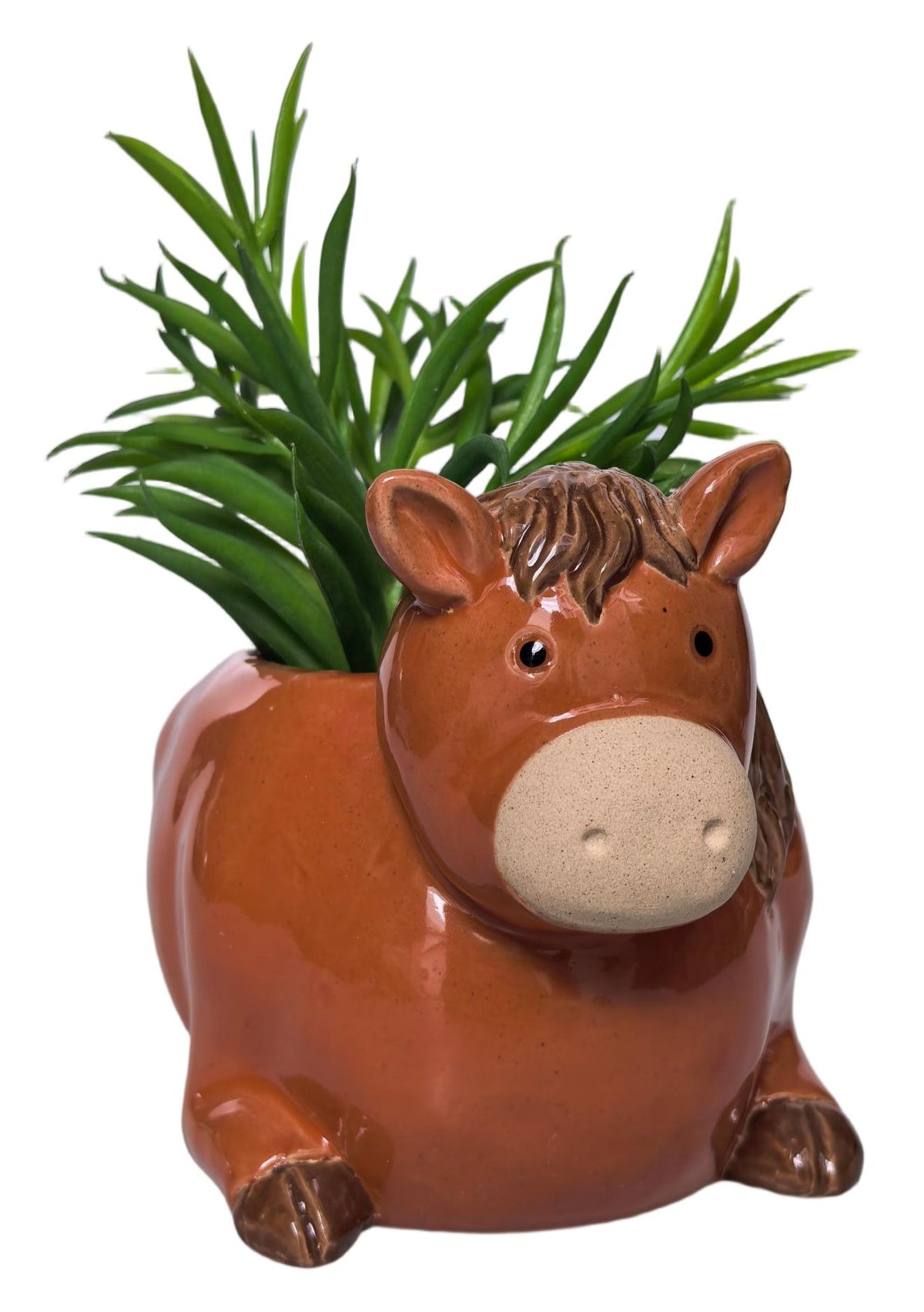 A brown ceramic horse-shaped planter holding a green artificial plant, isolated on a white background.