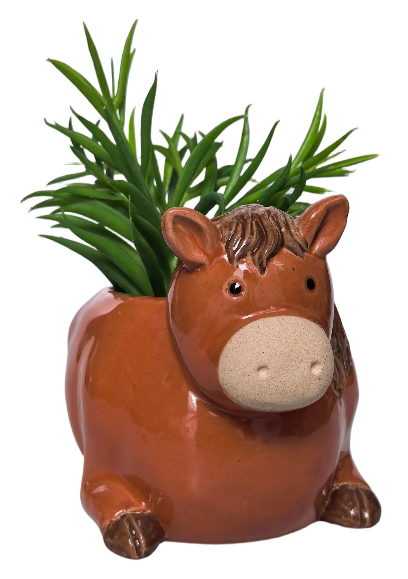 A brown ceramic horse-shaped planter with a glossy finish, featuring a light beige textured snout and dark brown mane details, set against a plain white background.