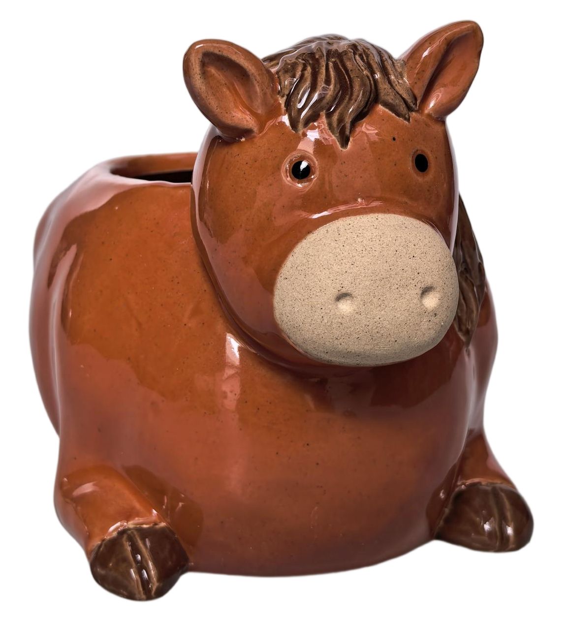 A brown ceramic horse-shaped planter with a glossy finish, featuring a light beige textured snout and dark brown mane details, set against a plain white background.