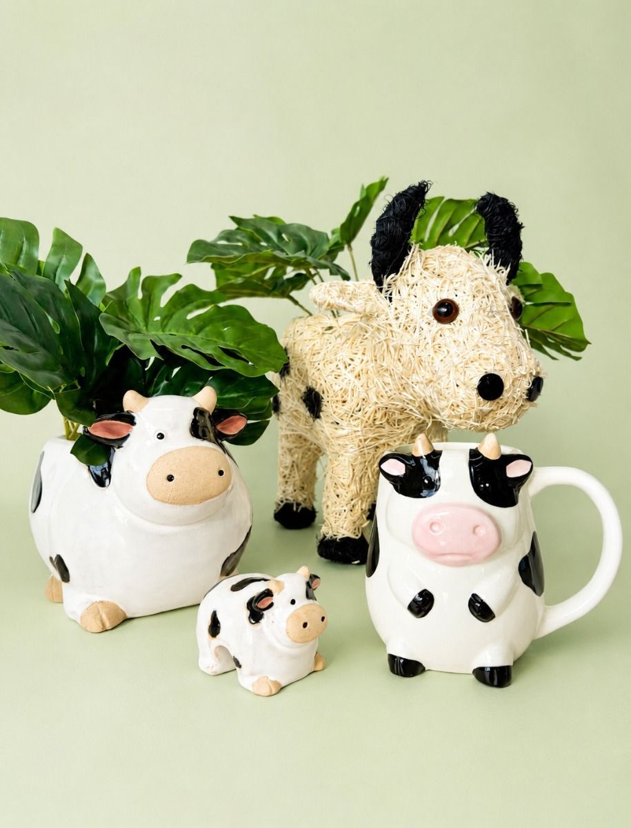 A set of cow-themed ceramic mugs and planters arranged on a light green background, including a large cow planter with green leaves, a woven straw cow figure, a small cow figurine, and a cow mug with a pink snout and black-and-white pattern.