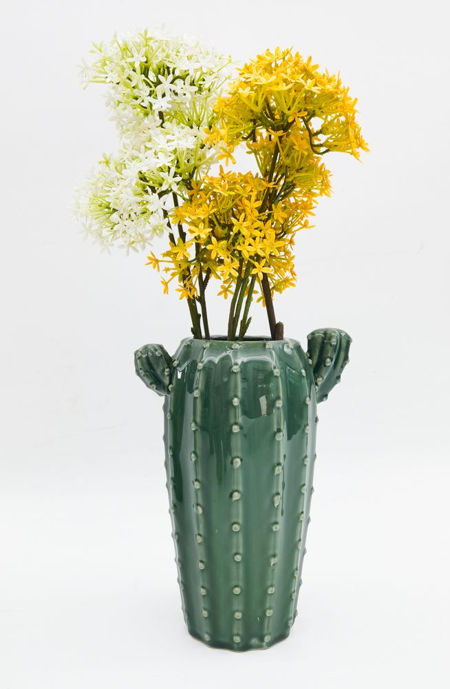 Urban Products 26cm Cactus Vase. Cactus-shaped vase with yellow and white flowers on a light gray background