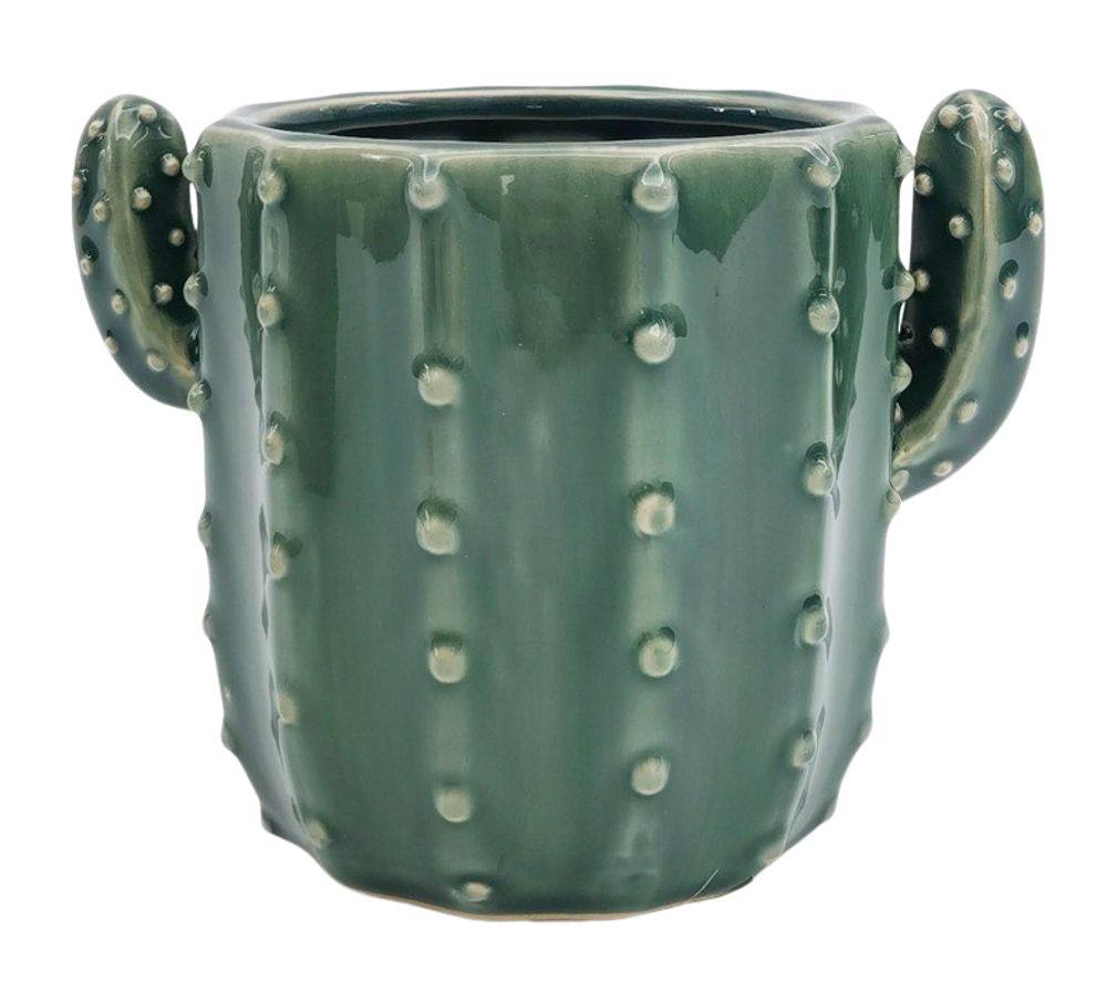 Urban Products 16cm Cactus Planter. Green ceramic cactus-shaped planter with small凸起物 on a white background
