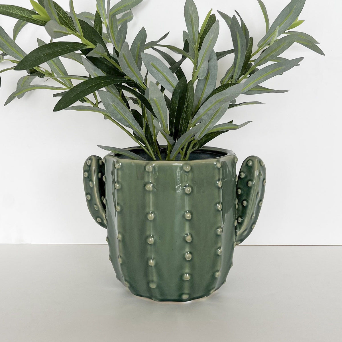Urban Products 20cm Cactus Planter . Green cactus-shaped planter with a plant on a white background