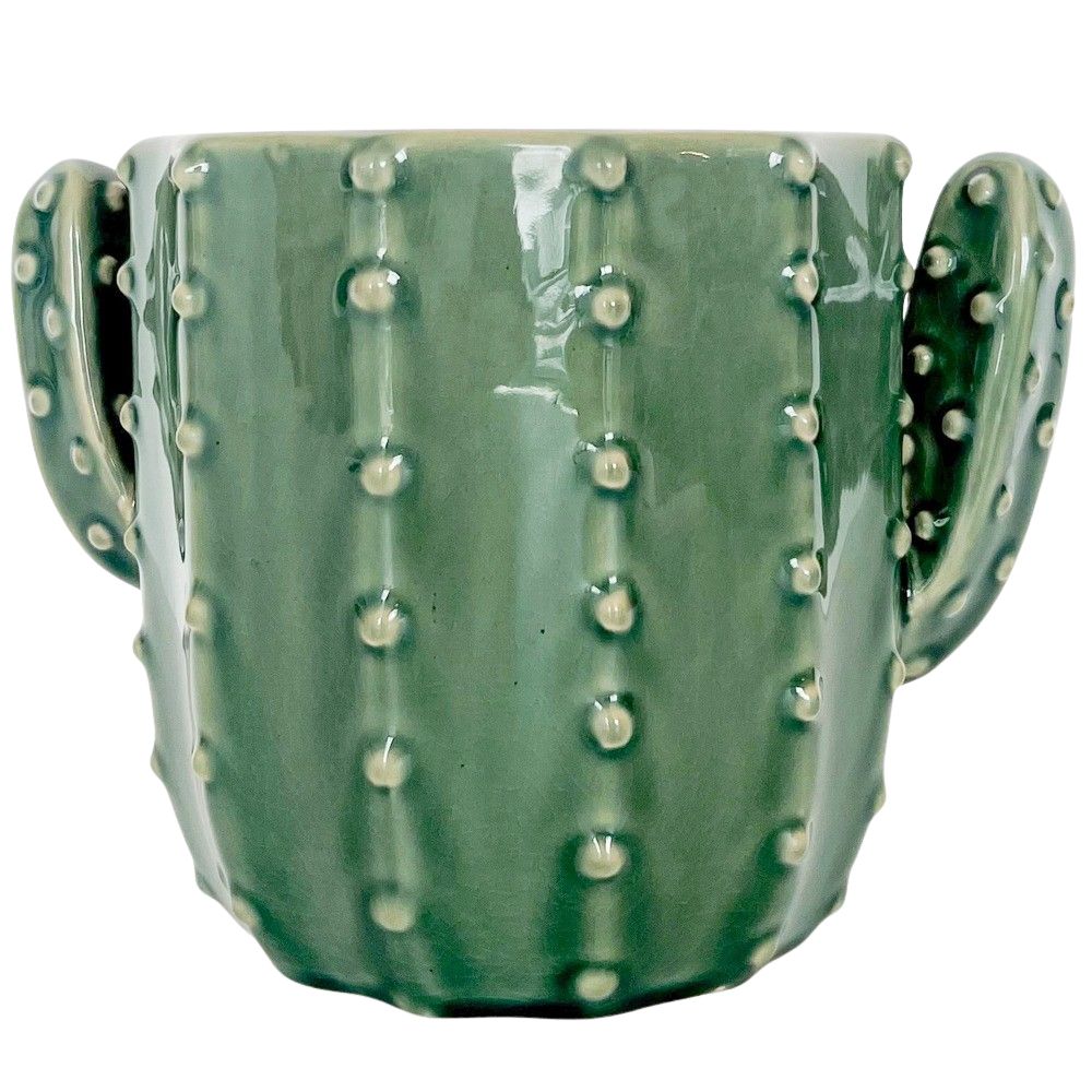 Urban Products 20cm Cactus Planter . Green ceramic cactus-shaped mug with bumpy texture on a white background