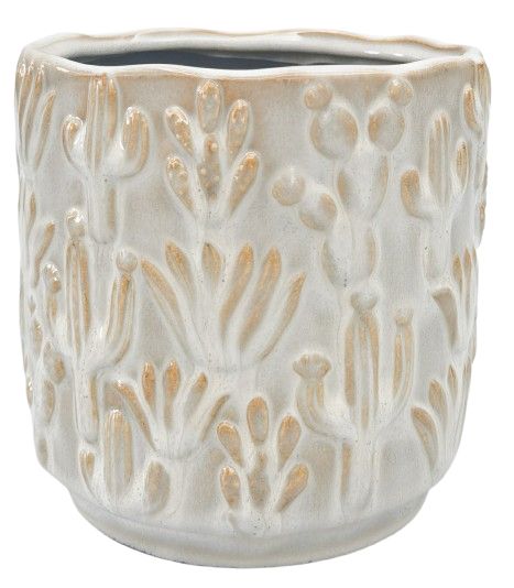 Urban Products 15cm Catus Planter. White ceramic planter with floral embossing on a white background