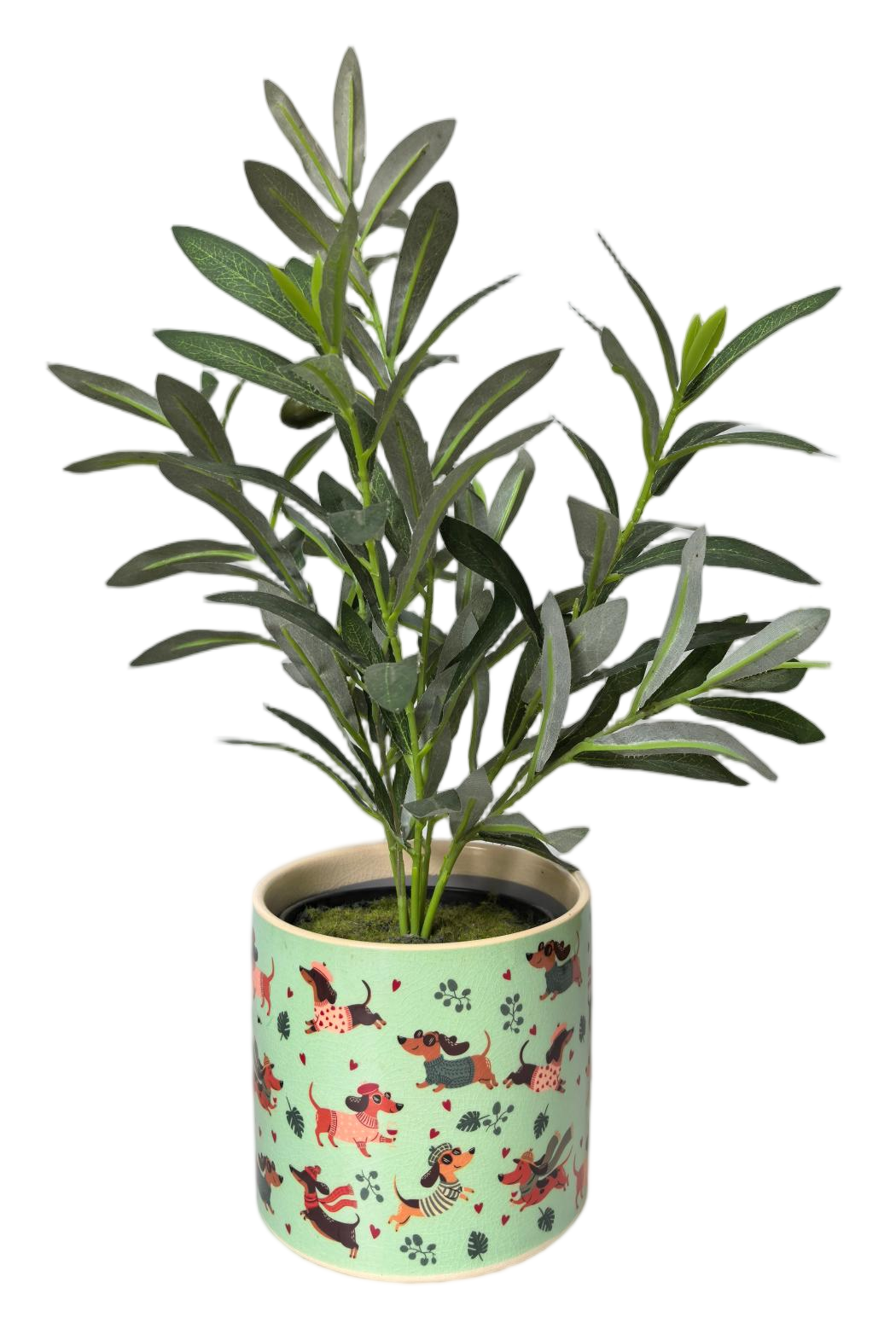 An artificial olive branch plant with green leaves, potted in a light green ceramic pot decorated with a pattern of dachshunds and paw prints, shown against a plain white background.
