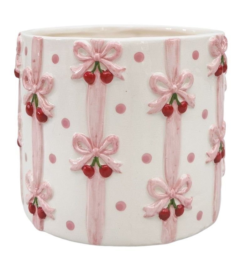 Urban Products 11cm Cherry Bow Planter. Ceramic planter with pink bows and red cherries on a white background