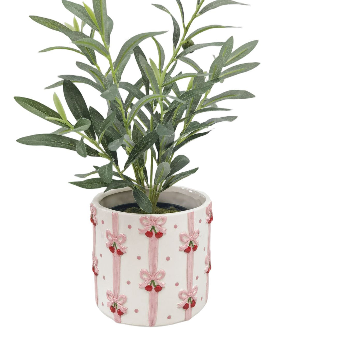 Urban Products 13cm Cherry Bow Planter. Potted plant with a decorative pot featuring pink ribbons and red berries on a white background