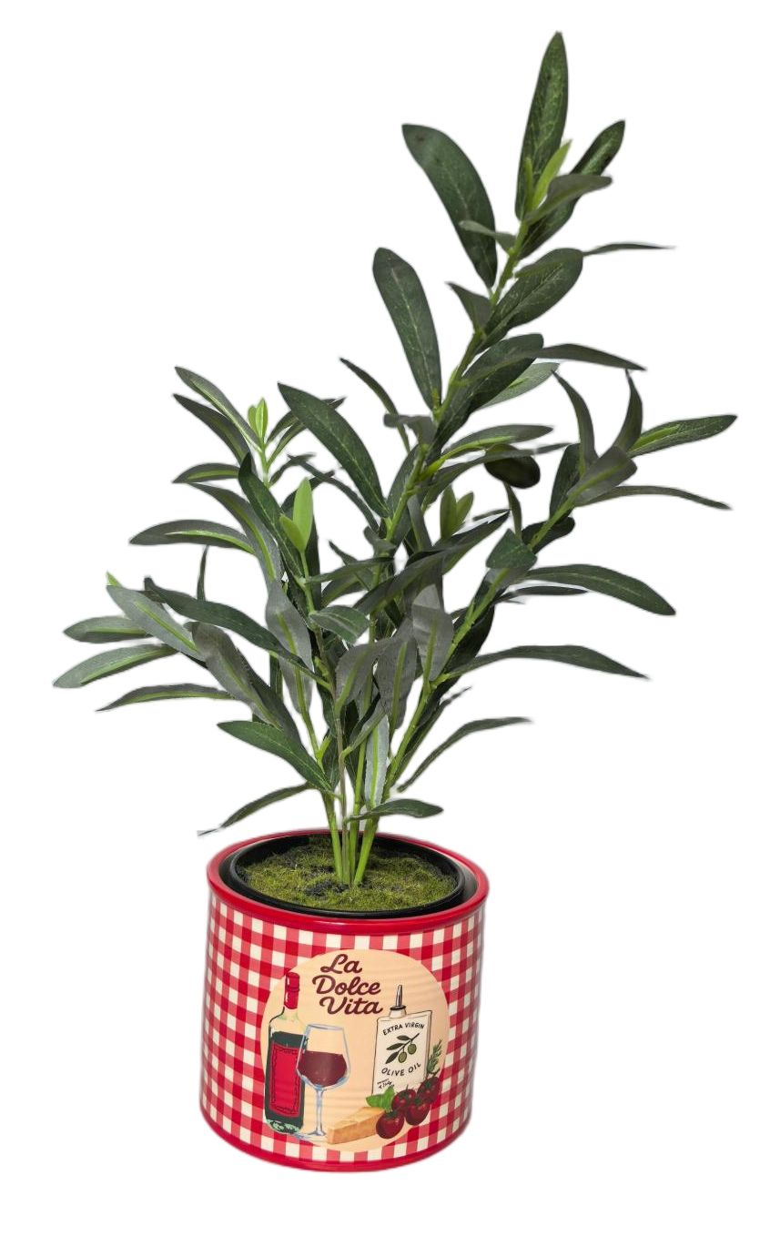 An artificial olive branch plant with green leaves, potted in a red and white checkered tin canister with a 'La Dolce Vita' wine-themed label, shown against a plain white background.