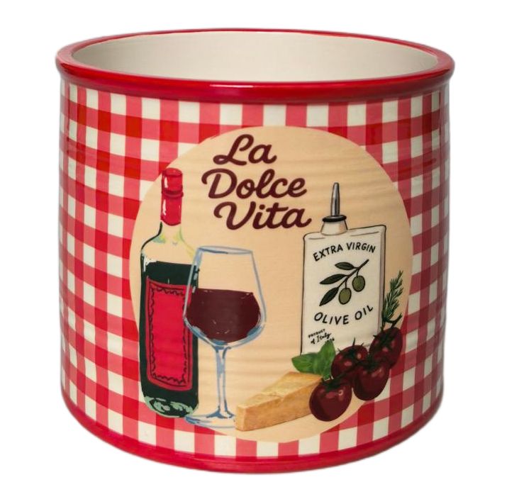 A cylindrical ceramic planter or candle holder featuring a red and white checkered pattern, with a central beige oval illustration that reads 'La Dolce Vita' and includes wine, olive oil, cherries, and cheese.