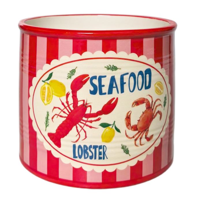 A cylindrical ceramic planter or container with a red and white striped pattern, featuring a central white scalloped label with illustrations of a red lobster, a crab, lemons, and the words 'SEAFOOD' and 'LOBSTER'.