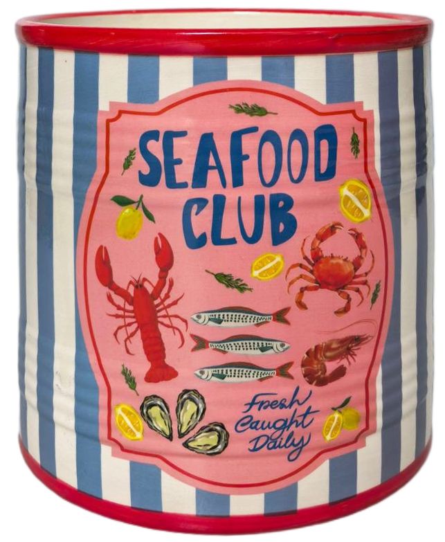 A cylindrical decorative tin or planter with blue and white vertical stripes, a red rim, and a large pink front label reading 'SEAFOOD CLUB' with illustrations of a lobster, crab, mussels, fish, shrimp, and lemons.