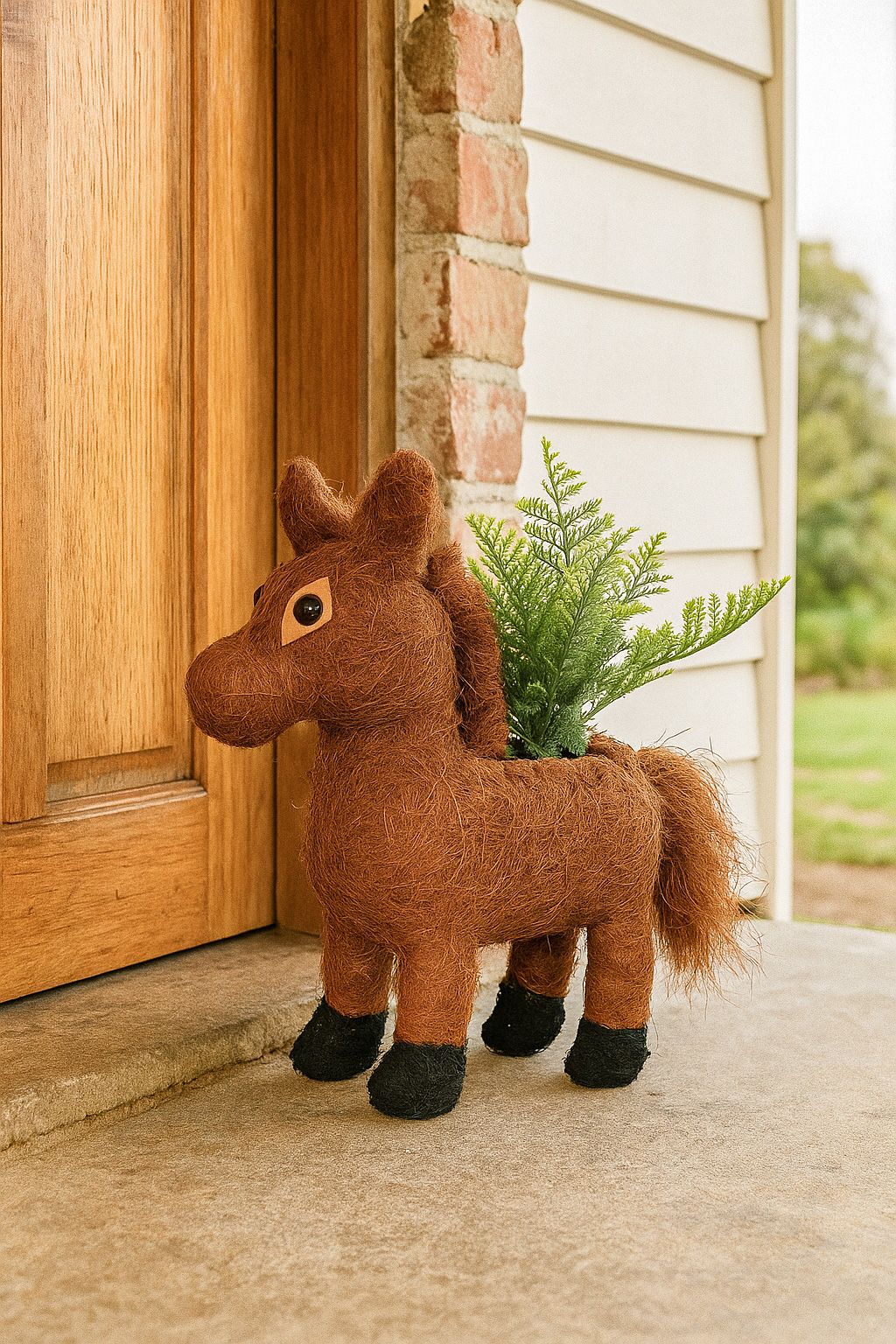Urban Products 34cm Husk Horse Planter . Brown horse-shaped toy with textured body on a white background