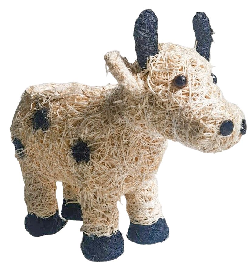 32cm Jersey Cow Husk Planter made of straw with black horns and feet on a white background