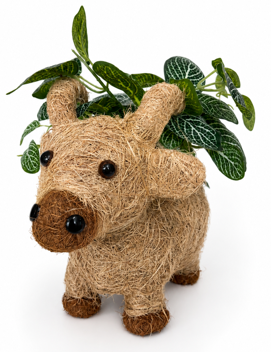 A rustic decorative bull figurine made from natural coir rope, with a green leafy plant tucked into its horns, photographed on a clean white background.