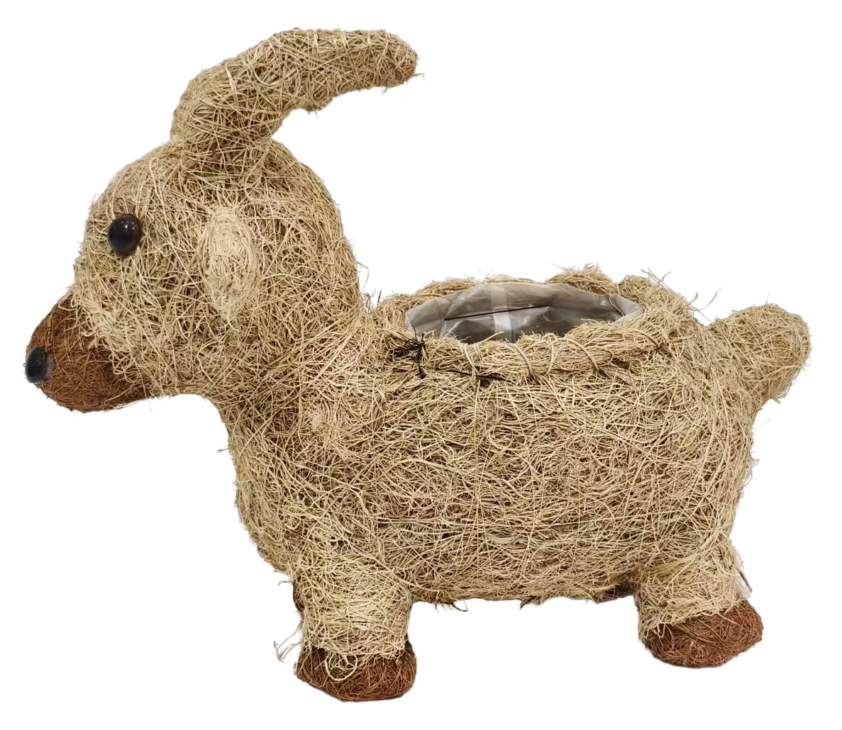 A decorative goat-shaped tissue box cover made from natural jute rope, featuring a brown snout, hooves, and ears, with a clear plastic tissue compartment inside.