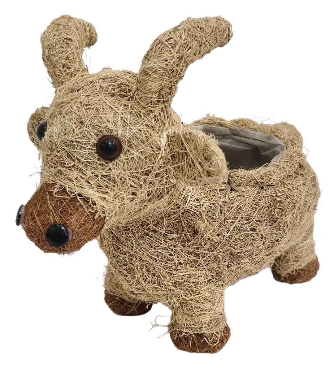 A rustic decorative tissue box cover shaped like a small animal, made from natural coir rope with brown accents on the nose, hooves, and inner body, shown on a plain white background.