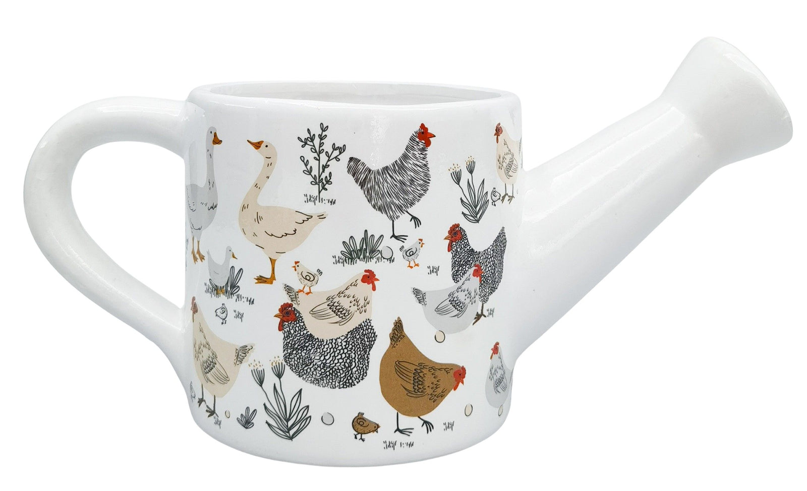 White ceramic teapot with chicken pattern on a white background