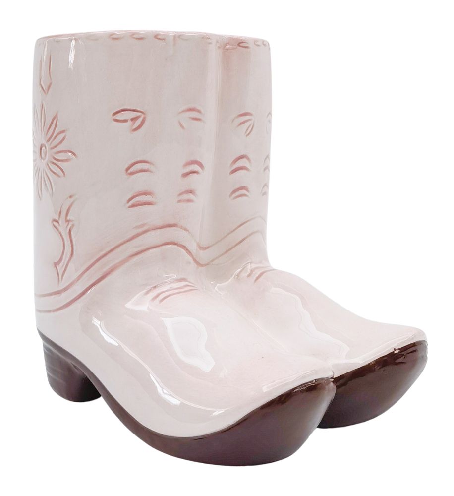 Urban Products 16cm Pink Cowboy Boots Planter. Pink ceramic cowboy boot with brown soles on a white background
