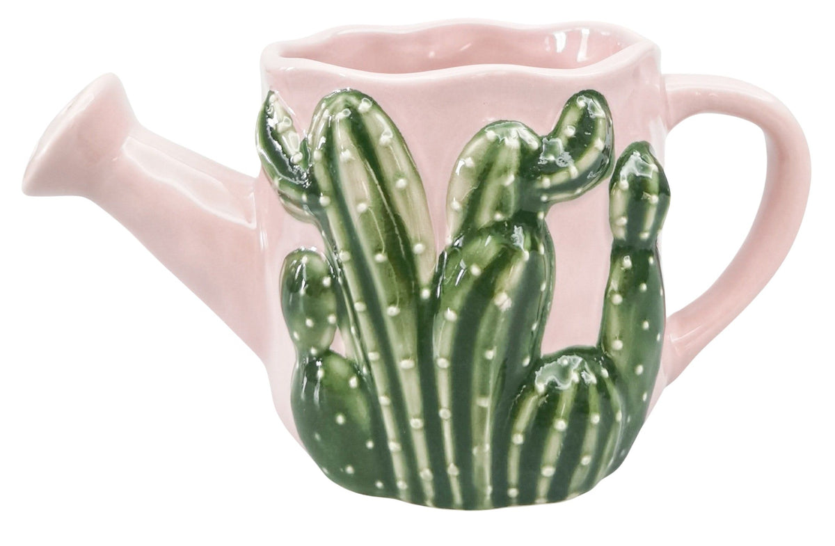 Urban Products Cactus Watering Can Planter. Pink teapot with a cactus design on a white background