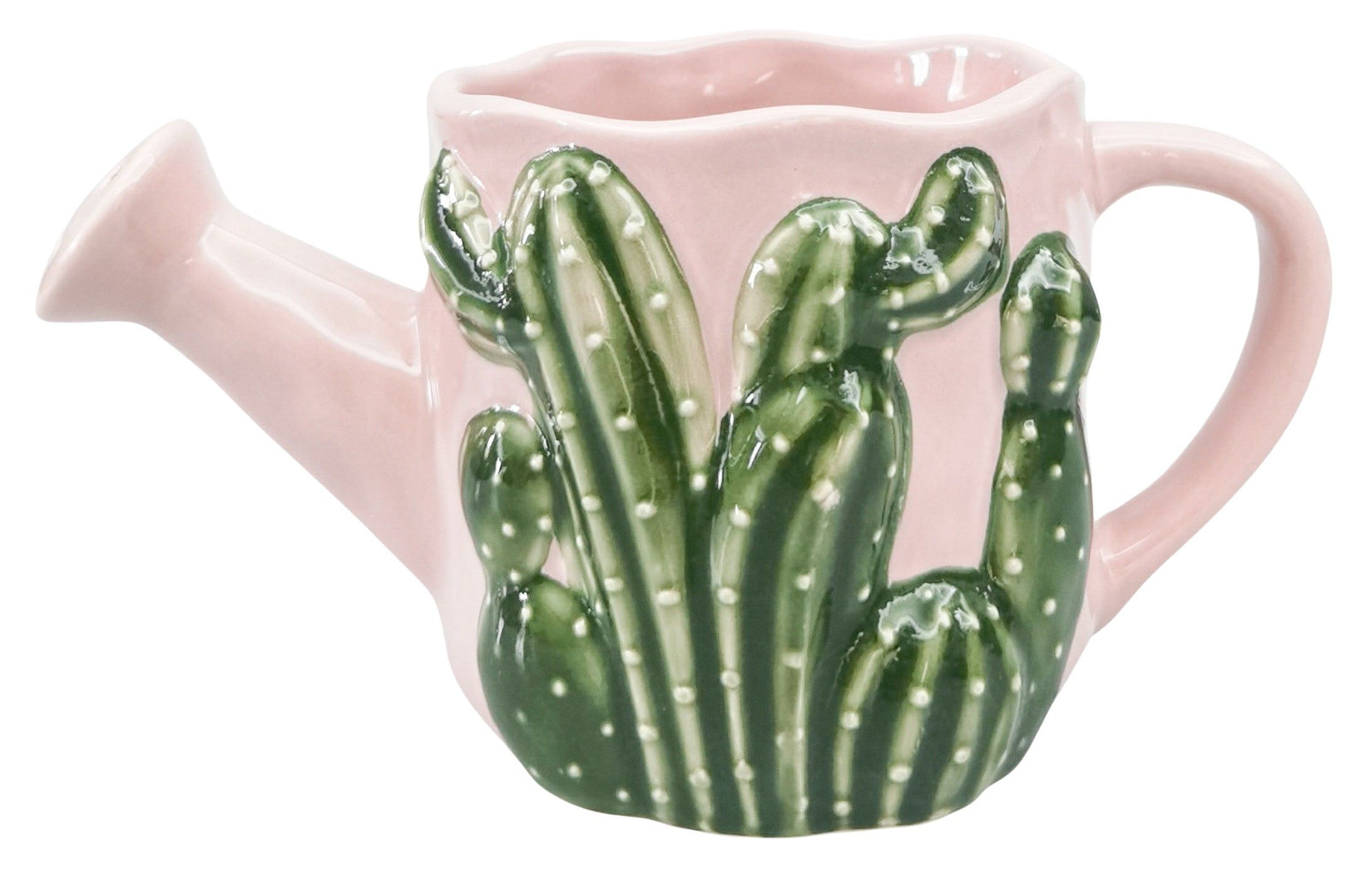 Urban Products Cactus Watering Can Planter. Pink teapot with a cactus design on a white background