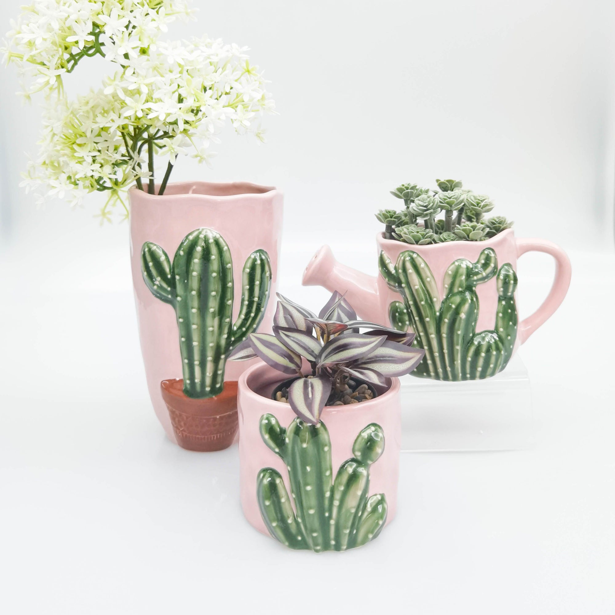 Urban Products 18cm Catus Vase. Pink ceramic planters with cactus designs on a white background