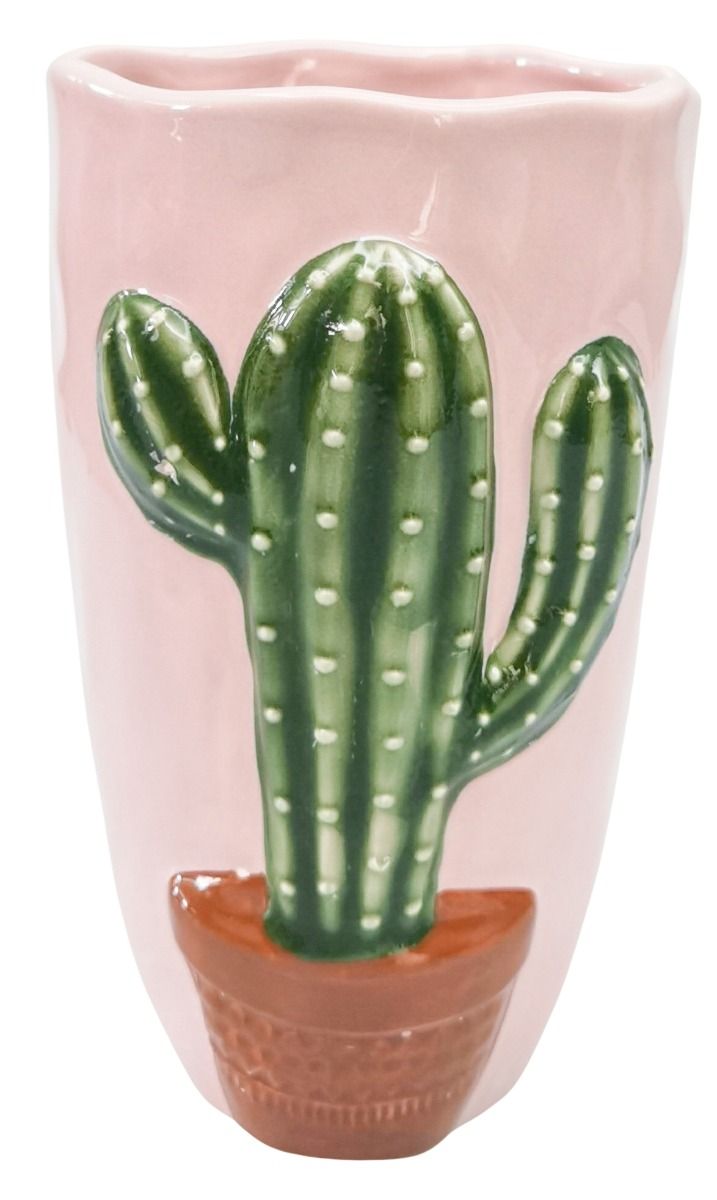 Urban Products 18cm Catus Vase. Ceramic tumbler with a green cactus design on a pink background