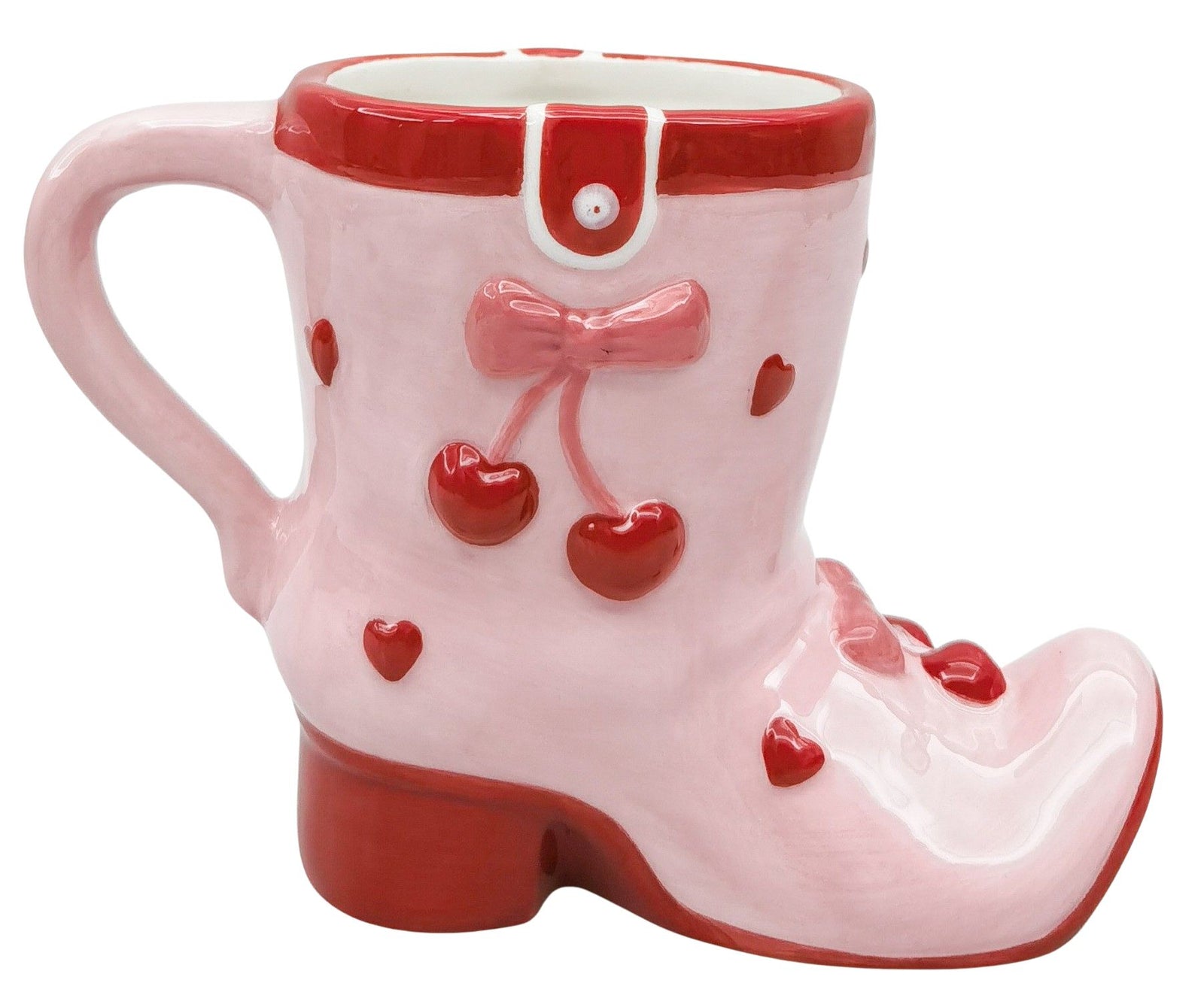 Urban Products 12cm Cherry Boot Mug. Pink boot-shaped mug with red accents and decorative elements on a white background