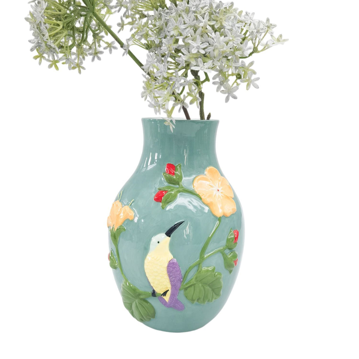 Urban Products 22cm Tropical Hummingbird Vase. Decorative vase with a bird and floral design on a white background