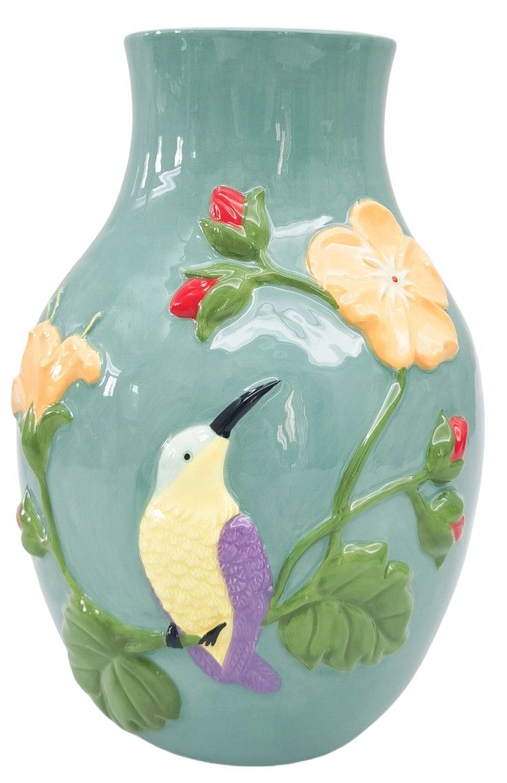 Urban Products 22cm Tropical Hummingbird Vase. Decorative vase with a bird and floral design on a light blue background