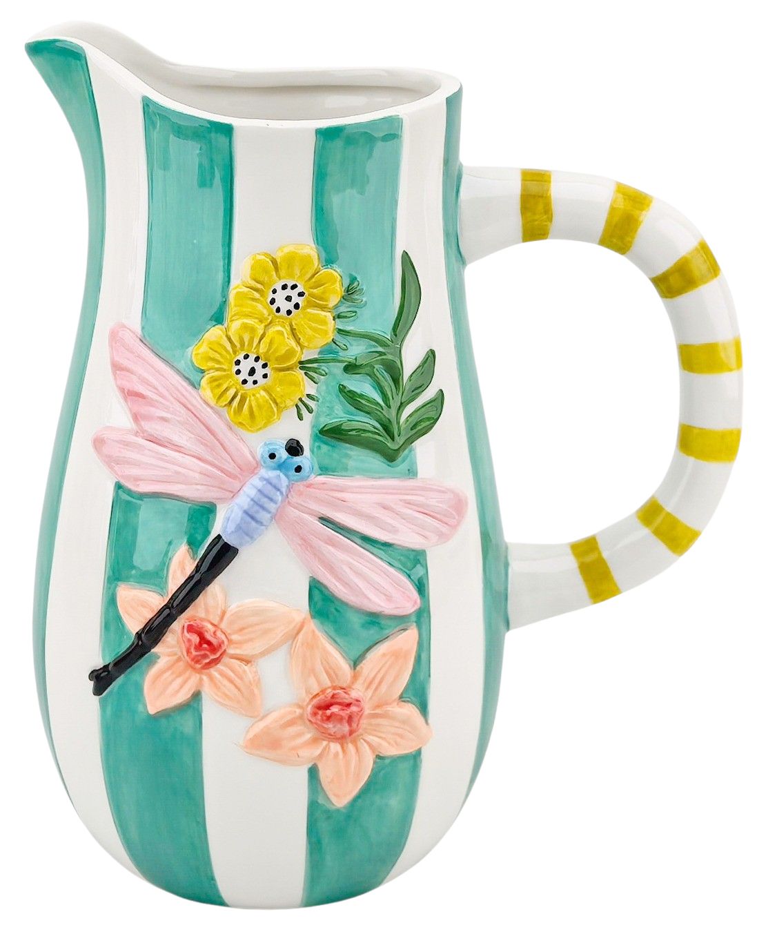 Urban Products 22cm Tropical Dragonfly Jug. Decorative ceramic pitcher with floral and dragonfly design on a white background