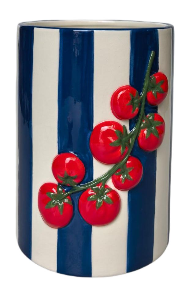 A cylindrical ceramic planter or vase with vertical navy blue and cream stripes, decorated with a raised red cherry tomato vine motif on the front.