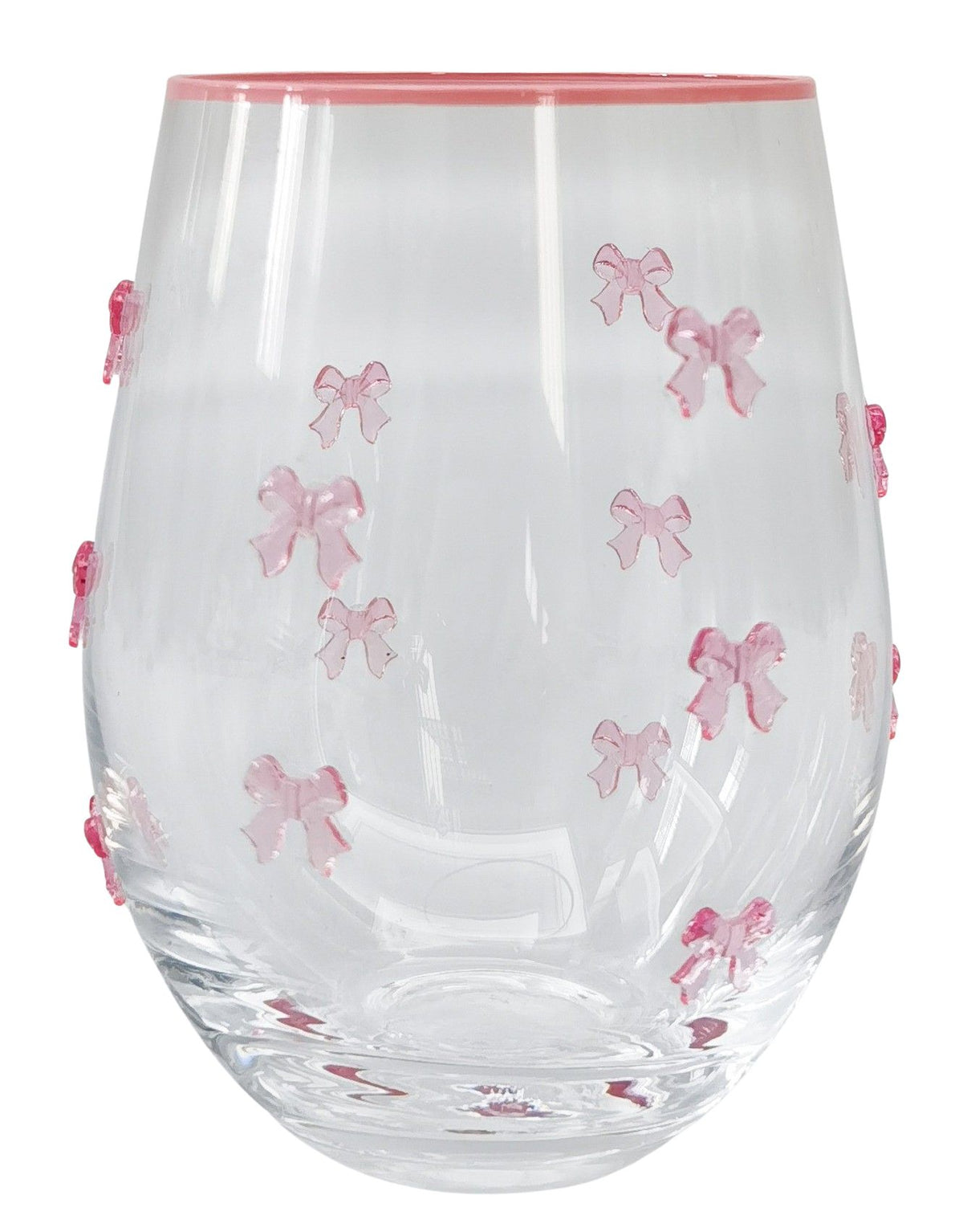 Urban Products 12cm Kaya Bow Stemless Glass. Clear glass tumbler with pink bows on a white background