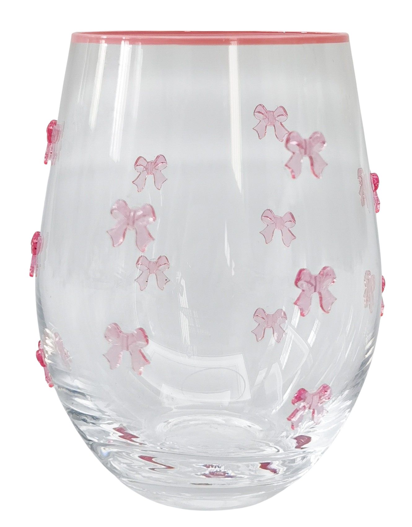 Urban Products 12cm Kaya Bow Stemless Glass. Clear glass tumbler with pink bows on a white background