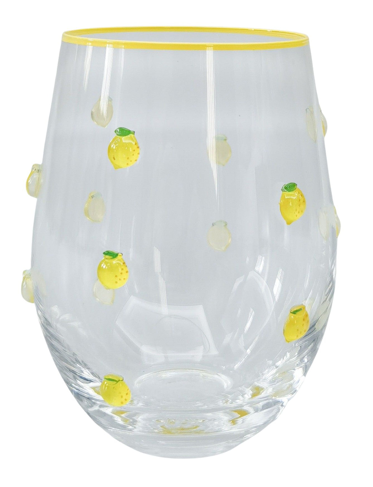 Urban Products 12cm Kaya Lemon Stemless Glass. Clear glass tumbler with yellow lemon designs on a white background