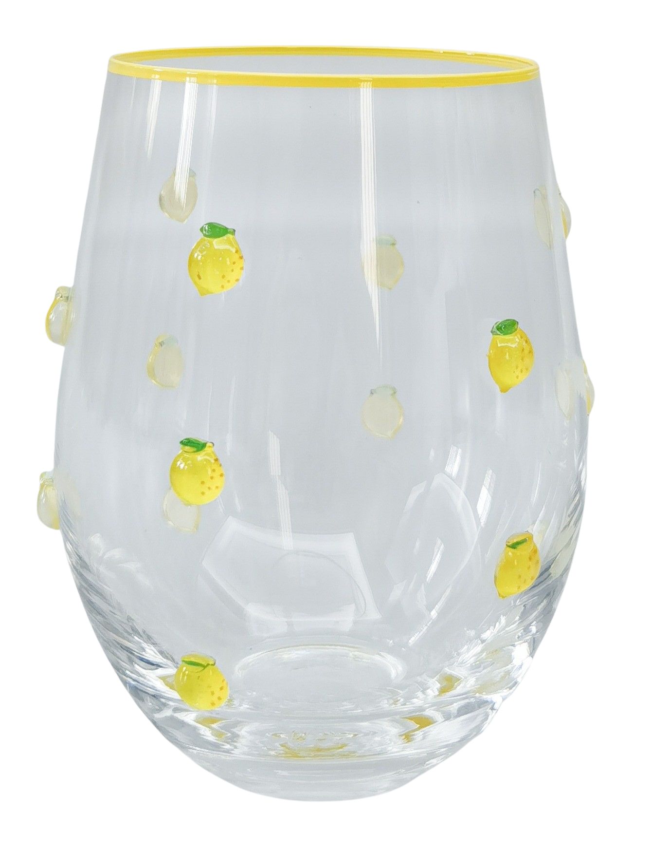 Urban Products 12cm Kaya Lemon Stemless Glass. Clear glass tumbler with yellow lemon designs on a white background