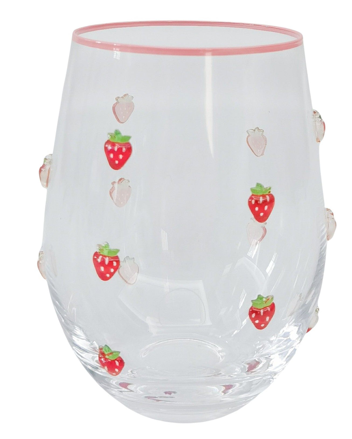 Urban Products 12cm Kaya Strawberry Stemless Glass. Clear glass tumbler with strawberry pattern on a white background