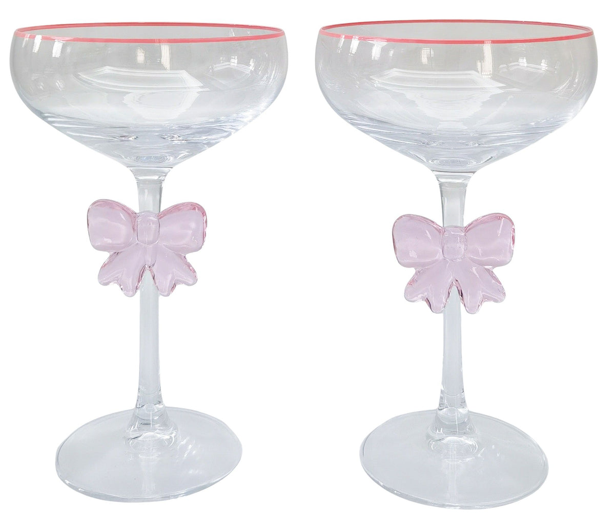 Urban Products 18cm Kaya Bow Coupe Glass Set of 2. Two clear cocktail glasses with pink rims and butterfly decorations on a white background