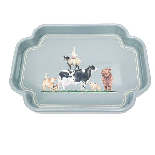 Rectangular tray with farm animal illustrations on a light blue background