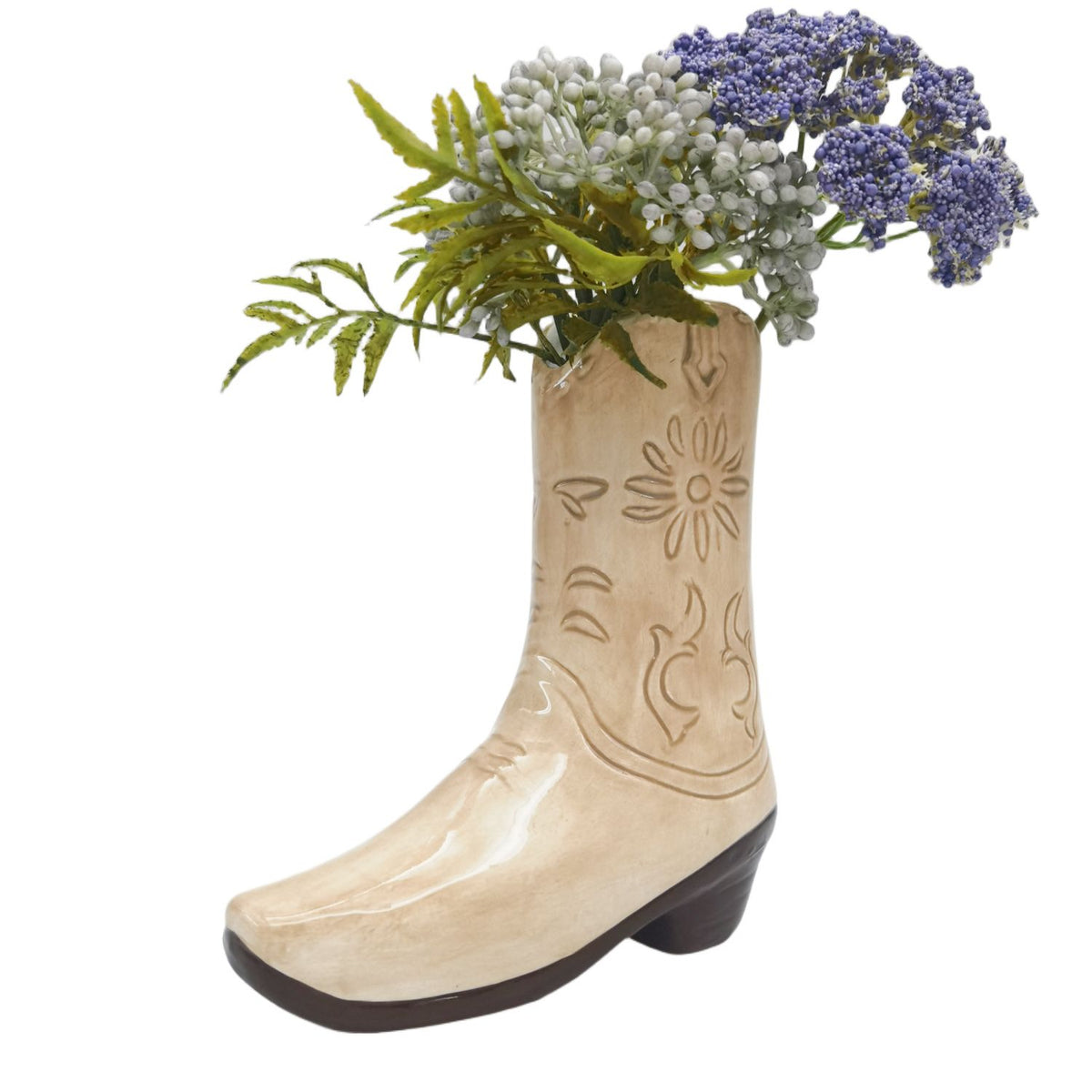 Urban Products 19cm Cowboy Boots Vase . Cowboy boot vase with flowers on a white background