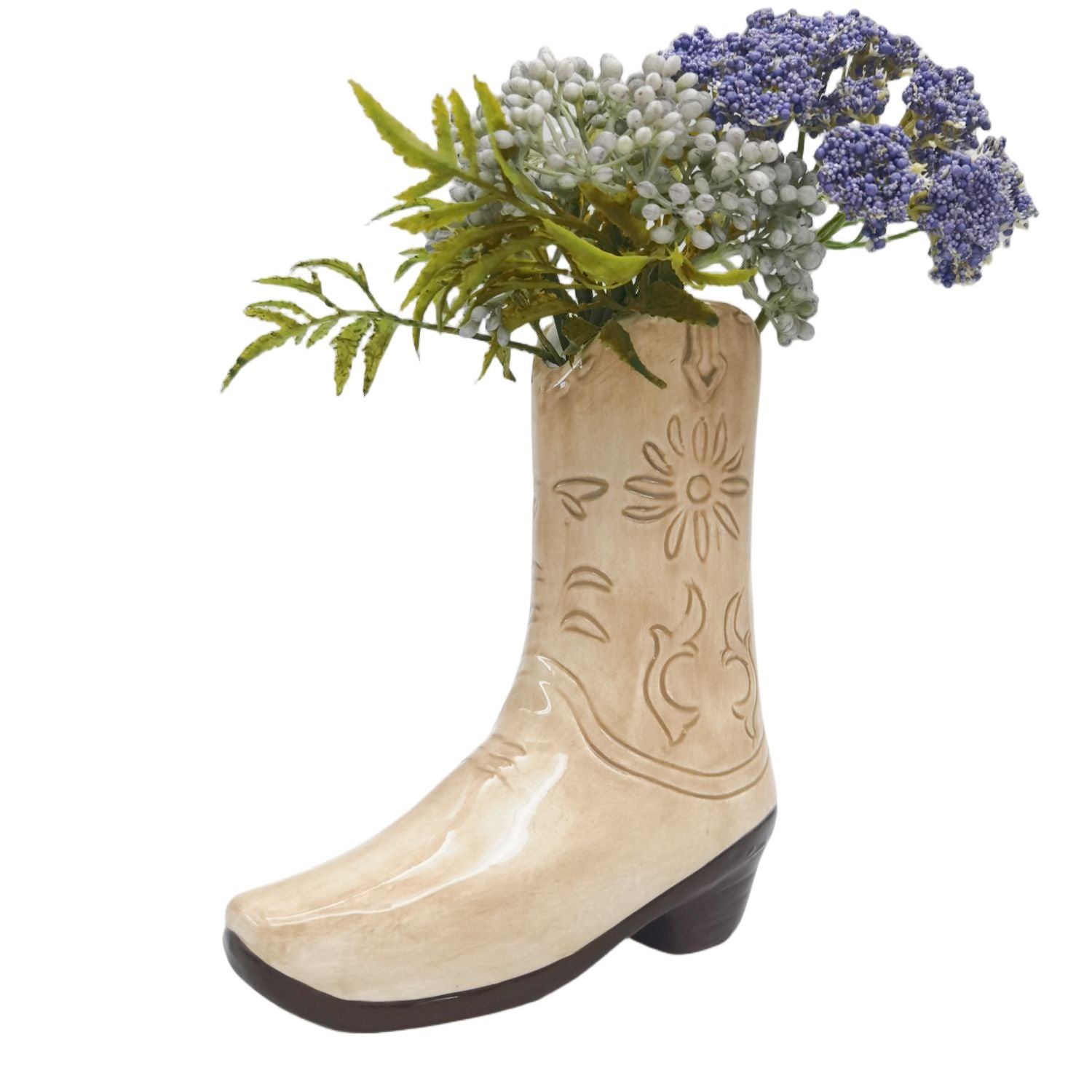 Urban Products 19cm Cowboy Boots Vase . Beige cowboy boot with floral embossing on a white background
