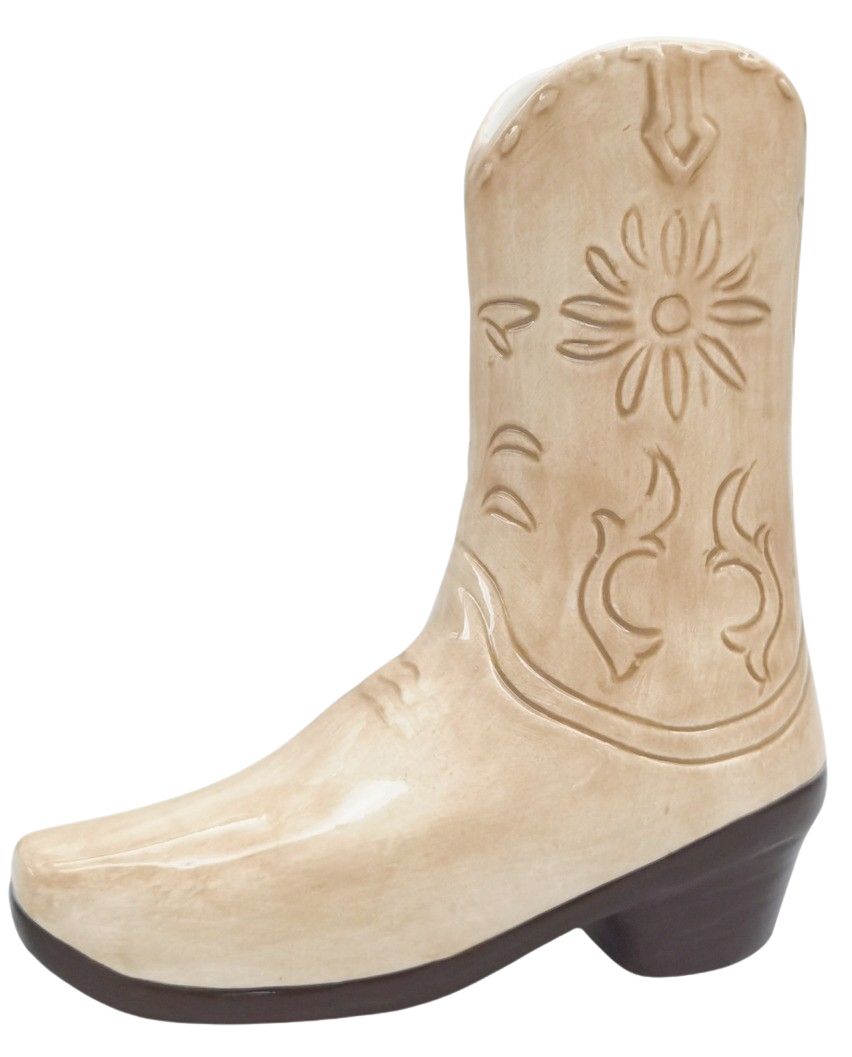 Urban Products 19cm Cowboy Boots Vase . Beige cowboy boot with floral embossing on a white background