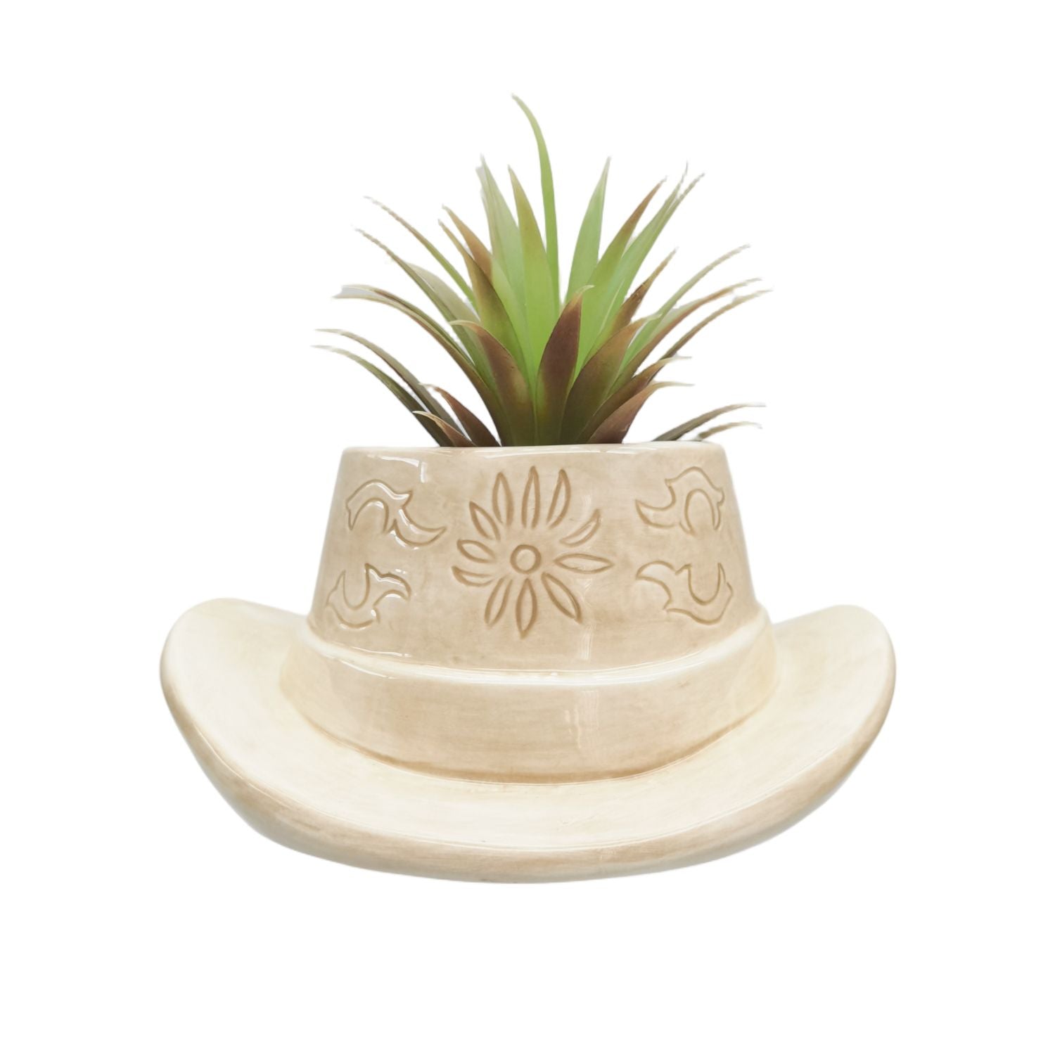 Urban Products 20cm Cowboy Hat Planter . Beige cowboy hat with floral embossing on a white background