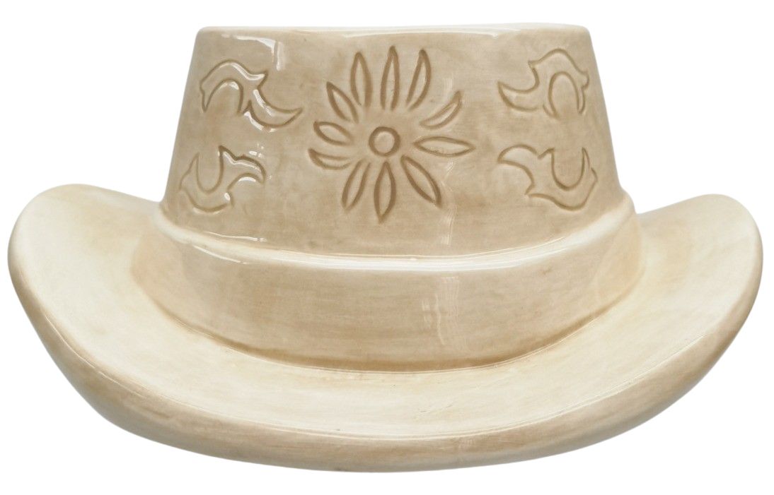 Urban Products 20cm Cowboy Hat Planter . Beige cowboy hat with floral embossing on a white background