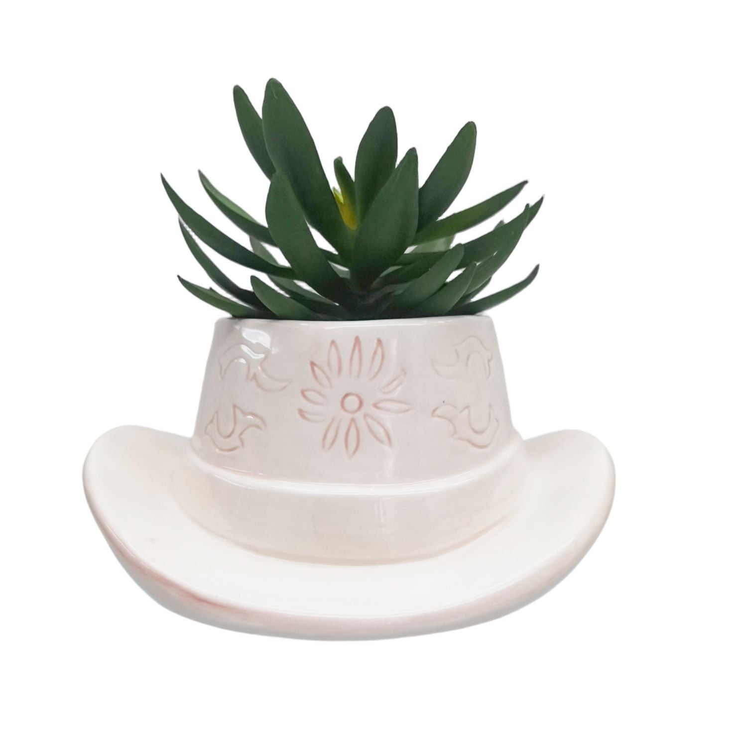 Urban Products 20cm Cowboy Hat Planter . Pink ceramic cowboy hat-shaped planter with embossed design on a white background