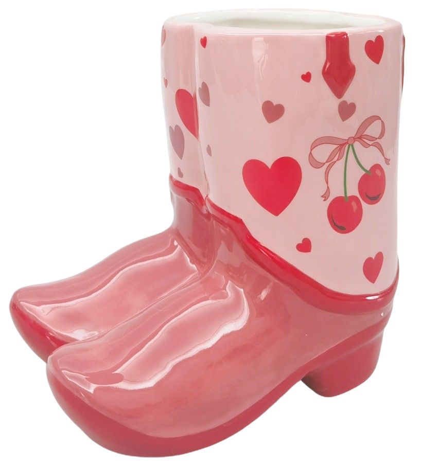 Urban Products 16cm Cowboy Boots Cherry Planter . Pink ceramic boot with heart and cherry design on a white background