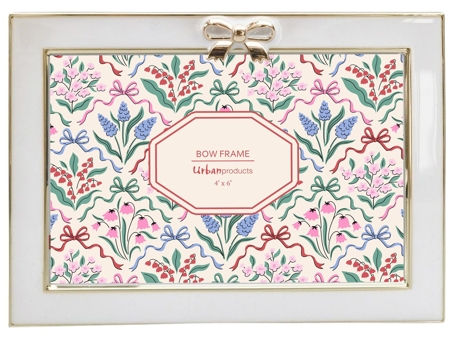 Urban Products Bow Landscape 4 x 6 Enamel Photo Frame. Decorative bow frame with floral and ribbon pattern on a white background