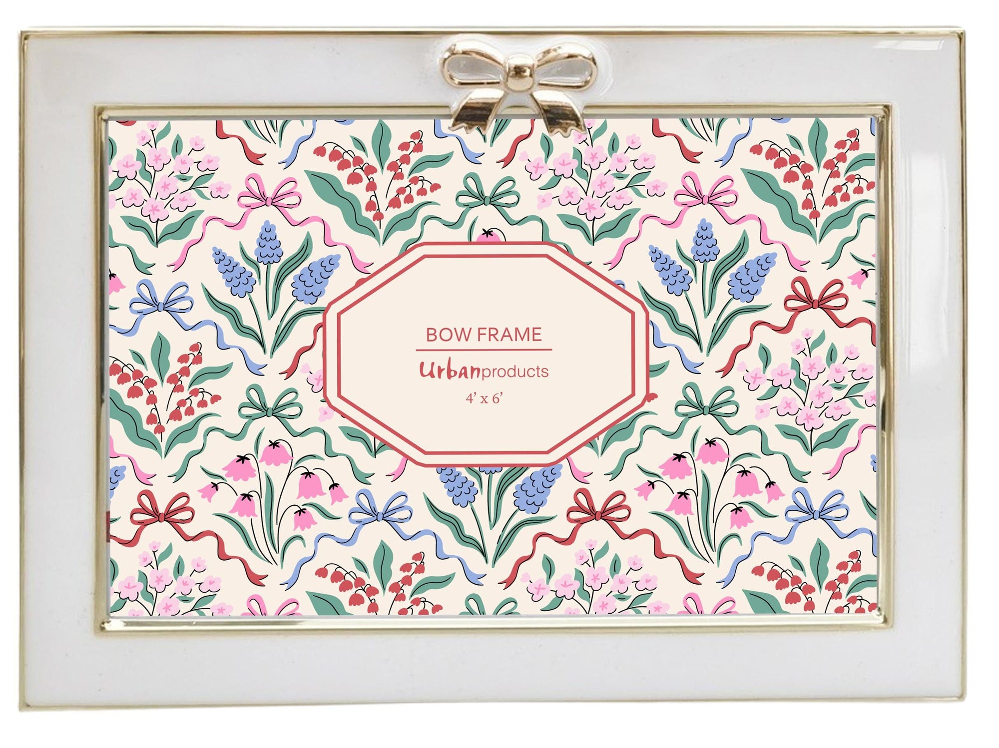 Urban Products Bow Landscape 4 x 6 Enamel Photo Frame. Decorative bow frame with floral and ribbon pattern on a white background