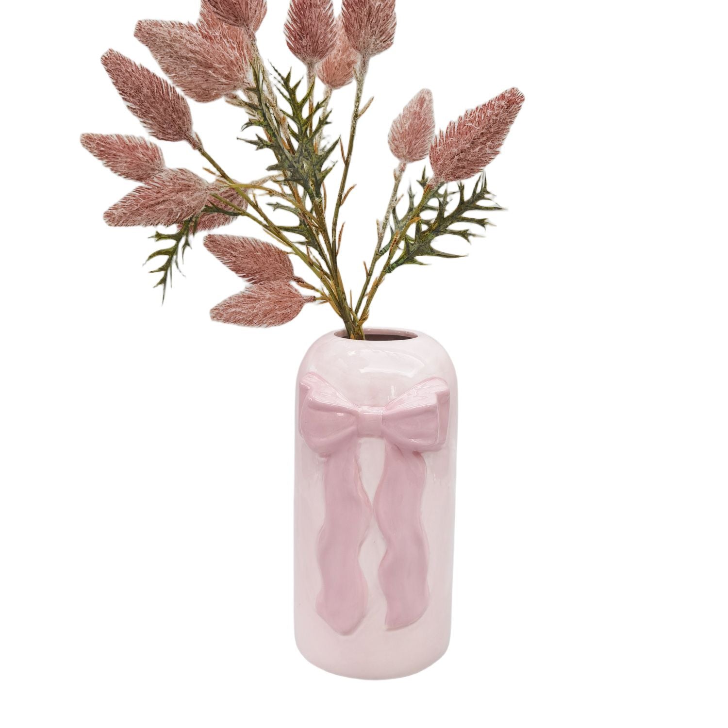 Urban Products 22cm Tall Bow Vase Pink. Pink vase with a large bow on a white background