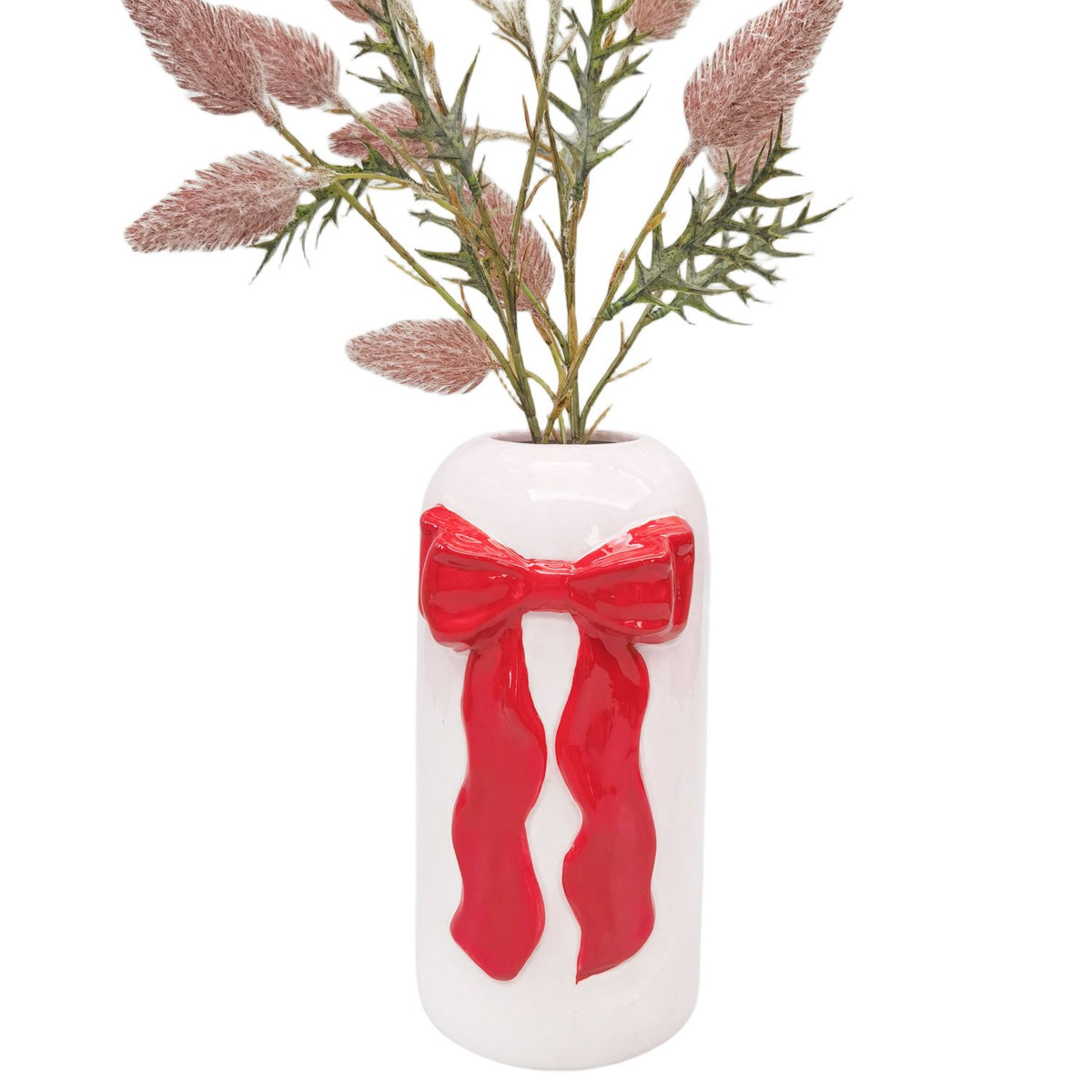 Urban Products 22cm Tall Bow Vase. White vase with a red bow design and dried plants on a white background